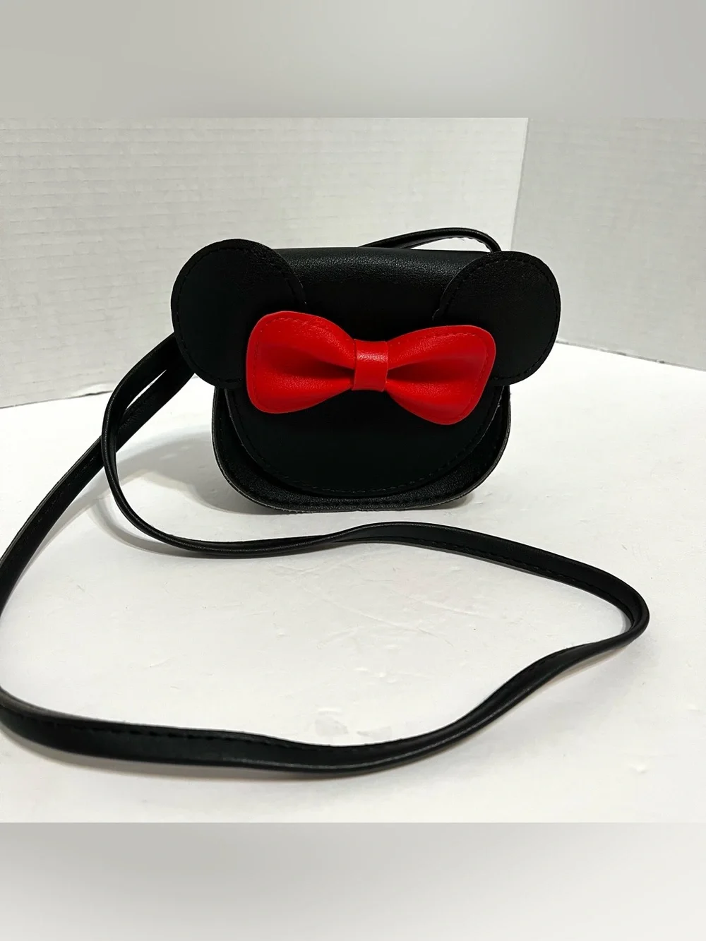 Black Leather Mouse Mini Crossbody Bag with Red Bow